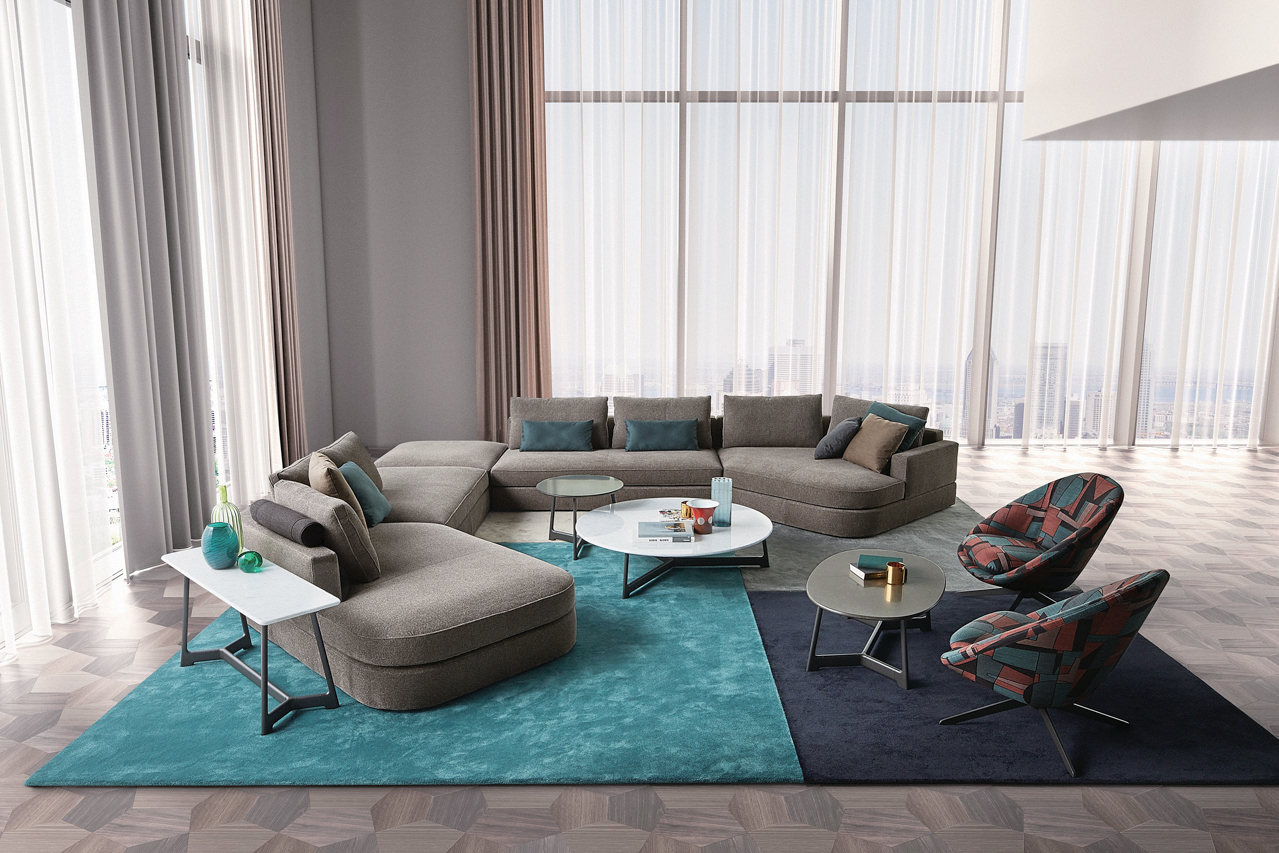 大型のアングルユニットやラウンドユニットを用いて、ライフスタイルに合わせた自由なレイアウトを実現できる「MILAN」