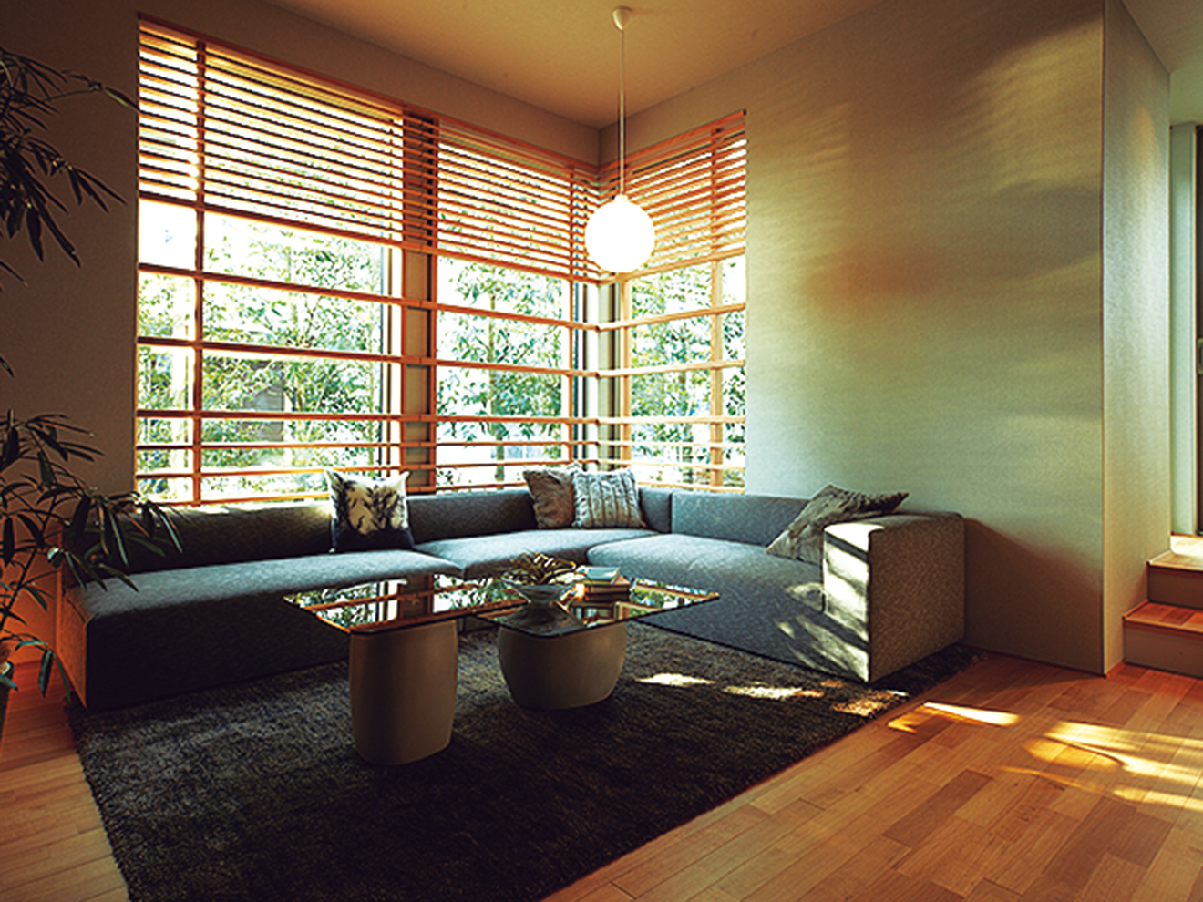 リビングから２段下がった「ピットリビング」。床を下げると包まれるような居心地の良さが生まれるだけでなく、天井がより高くなり伸びやかに。