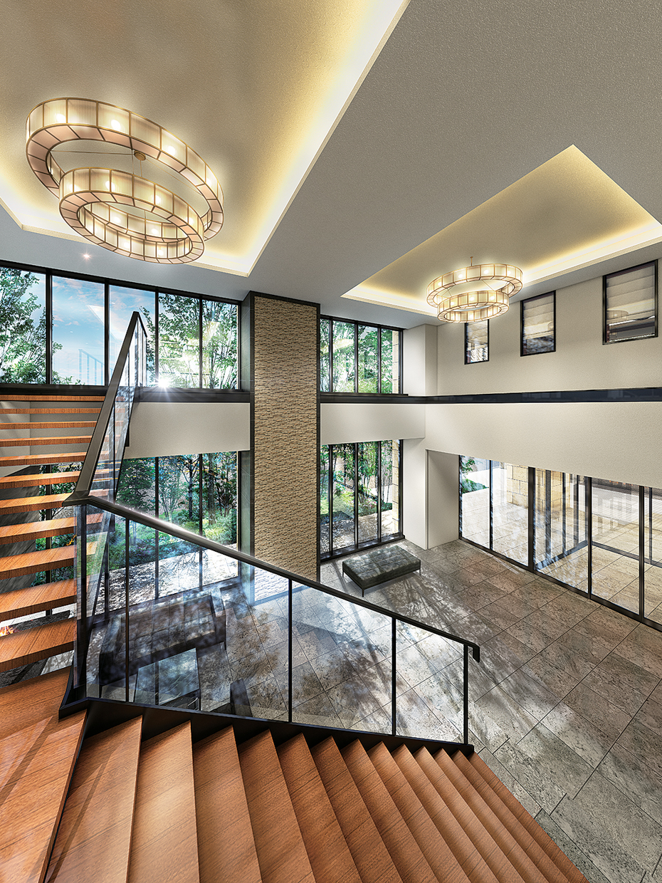 高さ約6.8mの吹き抜けに象徴的な階段を配したアートホールのようなグランドラウンジ。