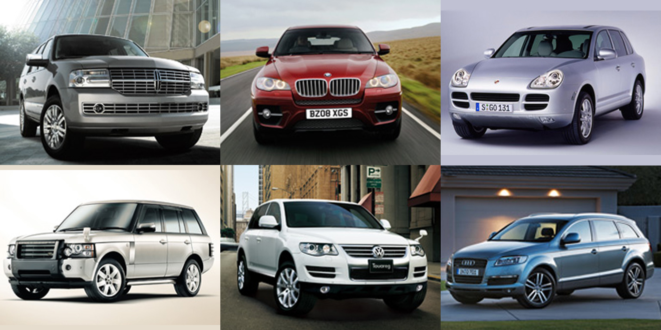 （上左より）リンカーン ナビゲーター,BMW X6、ポルシェ カイエン　（下左より）レンジローバーヴォーグ、フォルクスワーゲン トゥアレグ、アウディQ7
