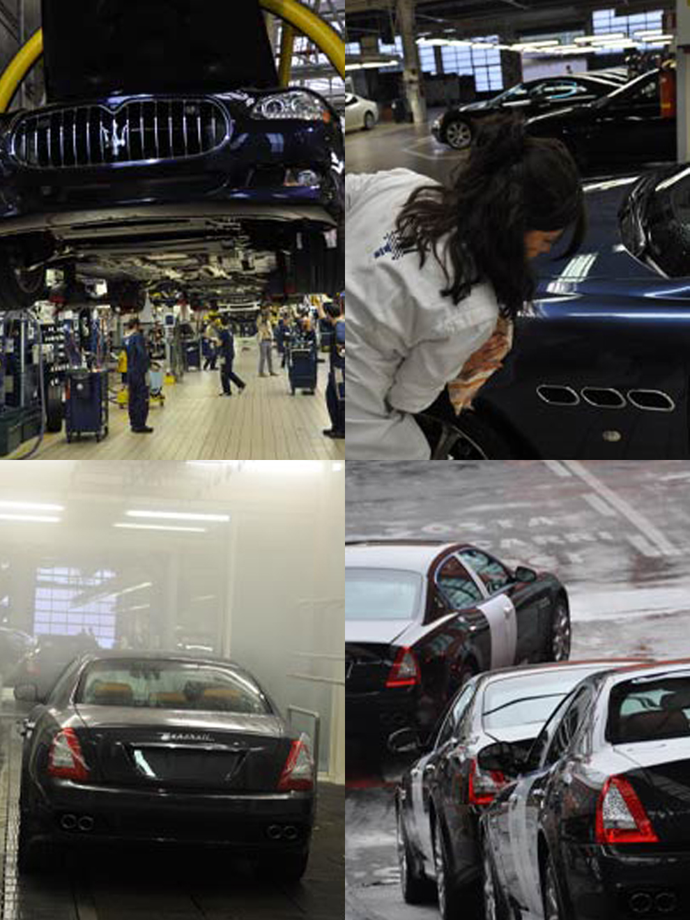 （上段左から）“手作り”の少量生産メーカーとしては最新鋭のラインをもつ。女性ワーカーも多い。（下段右から）このような耐水検査をはじめとする品質検査工程にかける比重はますます深まっている。雨の中およそ５０kmのテストドライブから戻ったグランツーリスモ。