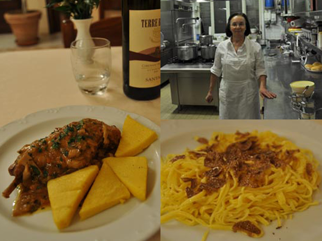 （左）猪の煮込み。ソースはナチュラルなマントヴァ風。（右上）ディーノの奥さんが一人で取り仕切る厨房。（右下）ベストシーズンの白トリュフを惜しげなくちりばめたタリアテッレは定番メニュー。