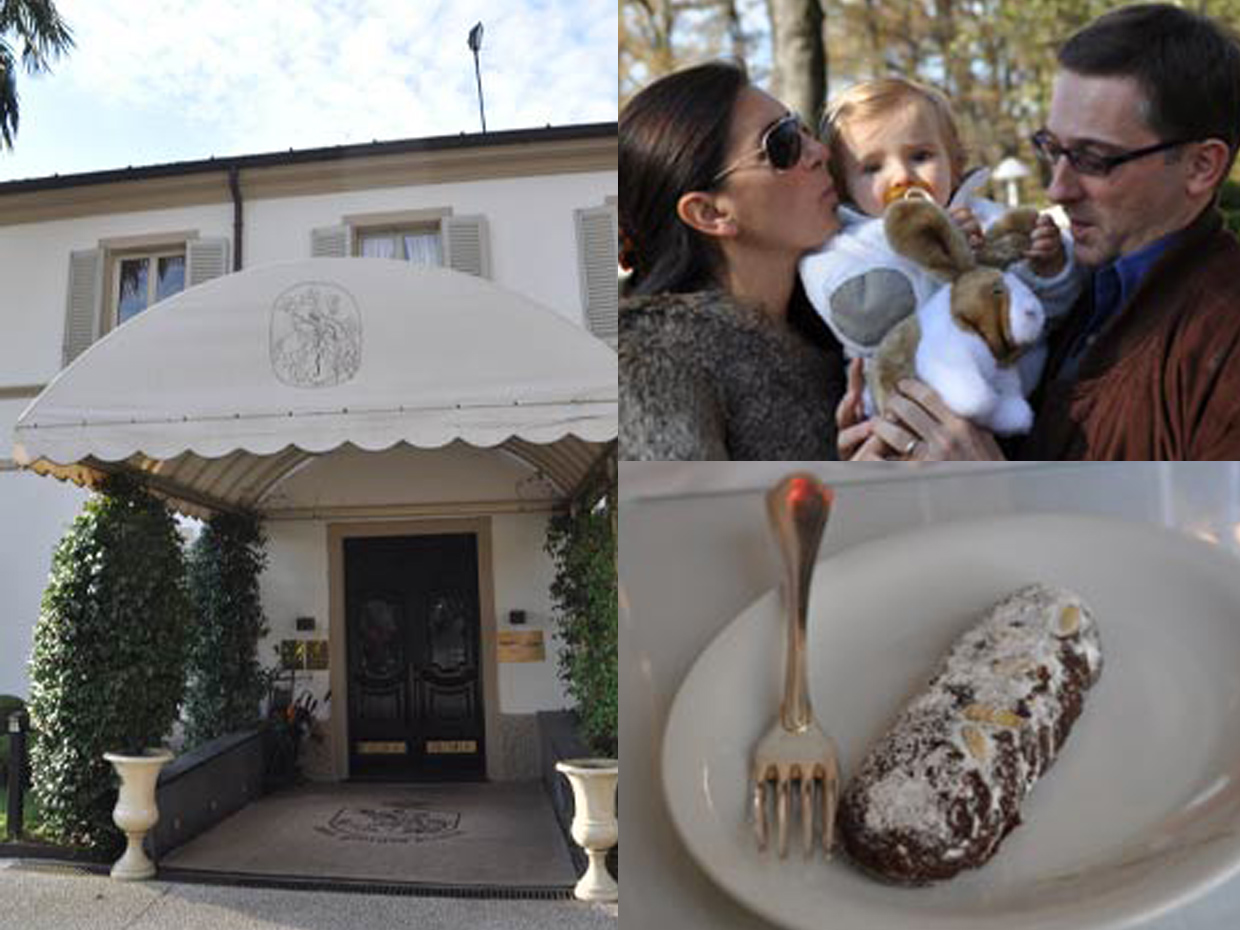 （左）モンツァの美しい公園の中にあるリストランテ　サン・ジョルジュ・プルミエ。（右上）待望の第一子スヴィーヴァちゃんには二人もメロメロ。（右下）「死者のパン」。縁起かつぎにこだわるイタリア人にしてはストレートな名前のドルチェである。