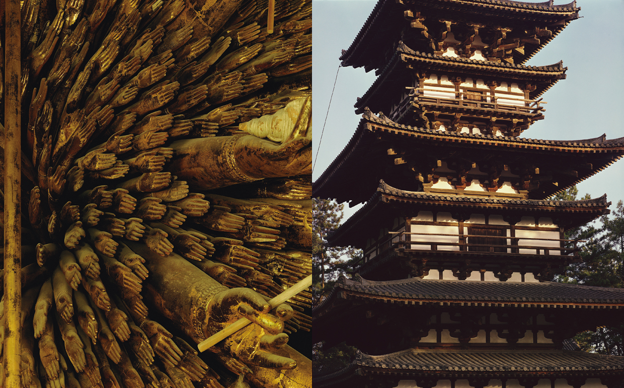 （左）唐招提寺⾦堂千⼿観⾳⽴像左脇千⼿詳細&emsp;昭和38（1963）年／（右）薬師寺三重塔全景&emsp;昭和36（1961）年&emsp;写真提供／土門拳記念館