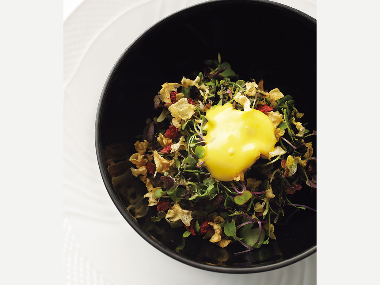 ル・マンジュ・トゥー。サクラマスの角切り、塩気をプラスするためのキャビア、14種類のマイクロリーフ、マイクロハーブをなど盛り合わせた一皿